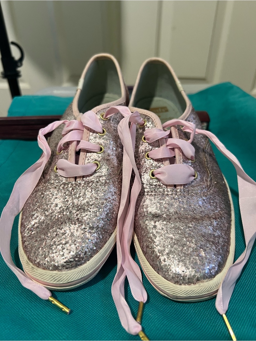 kate spade Keds Pink Glitter Satin-Lace Sneakers